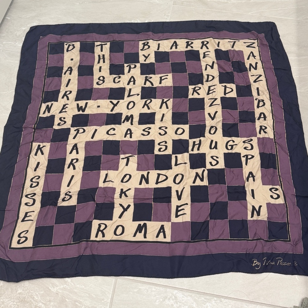 Paloma Picasso Crossword Graphic Silk Scarf Navy Purple Cream Vintage